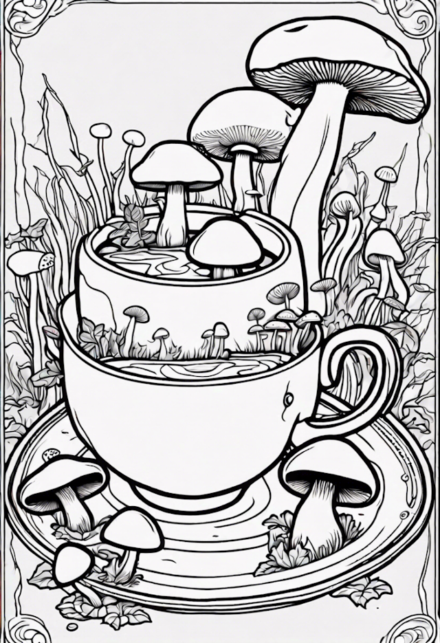 A coloring page of Garden of Mushroom Teacups