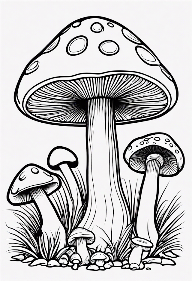 A coloring page of Enchanted Forest Mushrooms