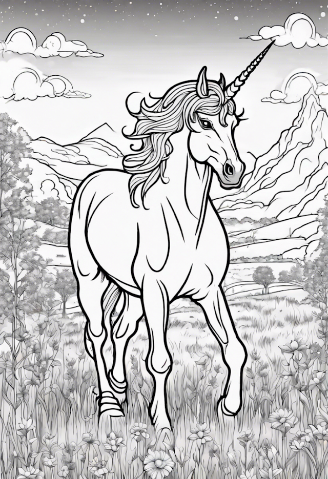 A coloring page of Unicorn Adventure in a Magical Meadow