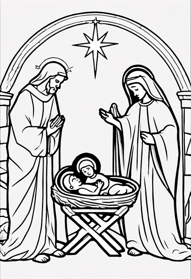 A coloring page of Nativity Scene with Baby Jesus Coloring Page
