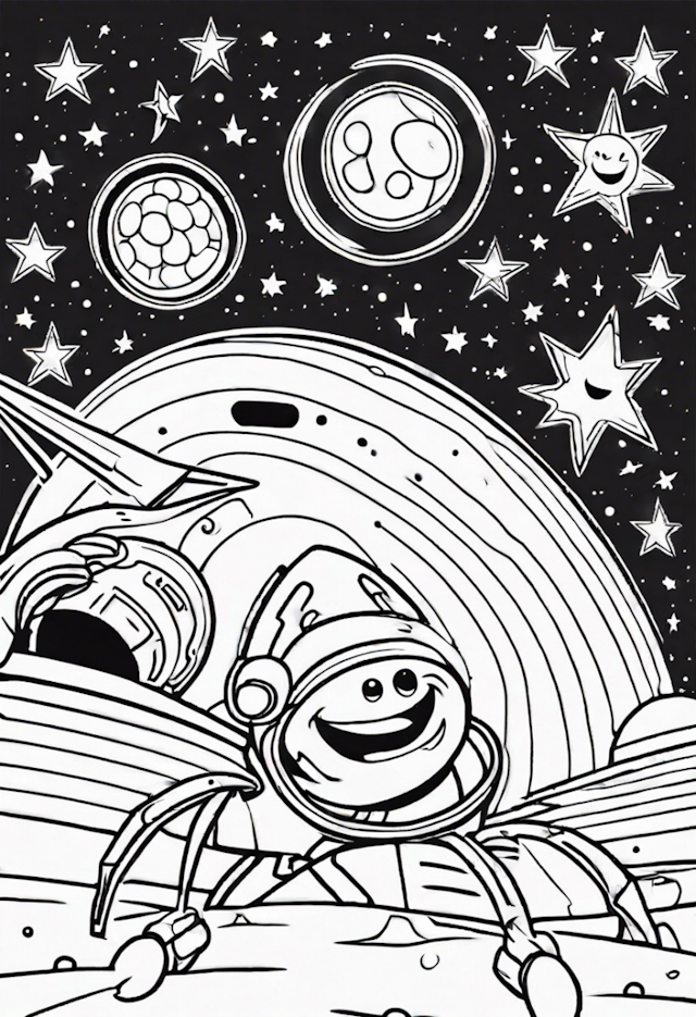 A coloring page of Happy Astronaut’s Space Adventure