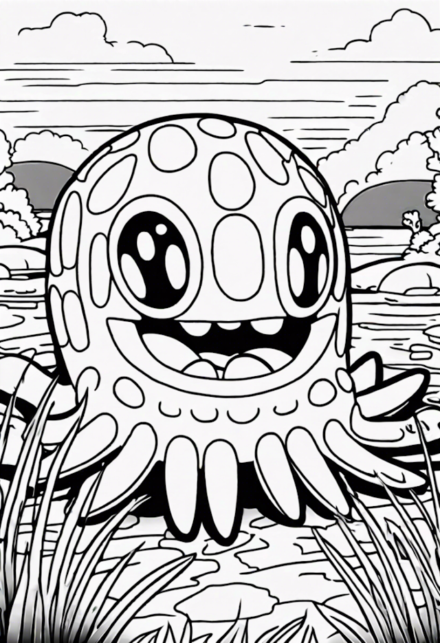 A coloring page of Happy Octopus in a Sunny Seaside Scene