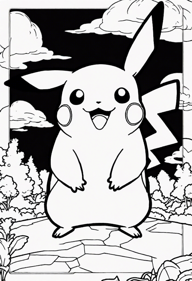 A coloring page of Pikachu in the Enchanted Forest