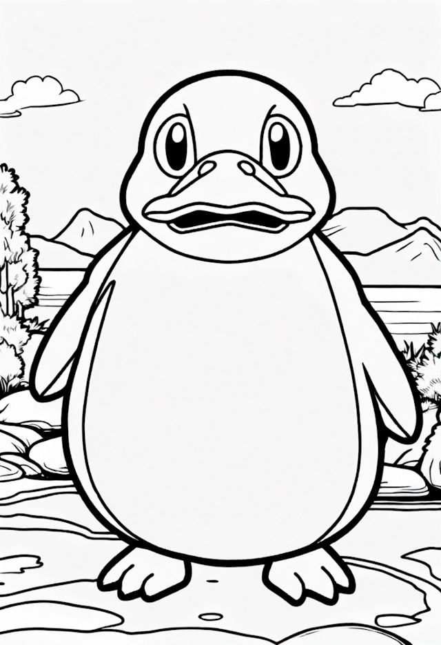 A coloring page of Psyduck by the Lake Coloring Page
