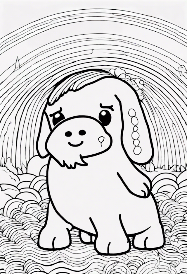 A coloring page of Buddy the Dog Meets the Rainbow
