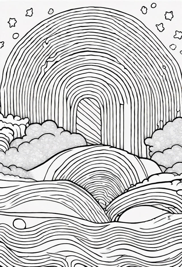 A coloring page of “Rainbow Archway and Clouds Coloring Adventure”