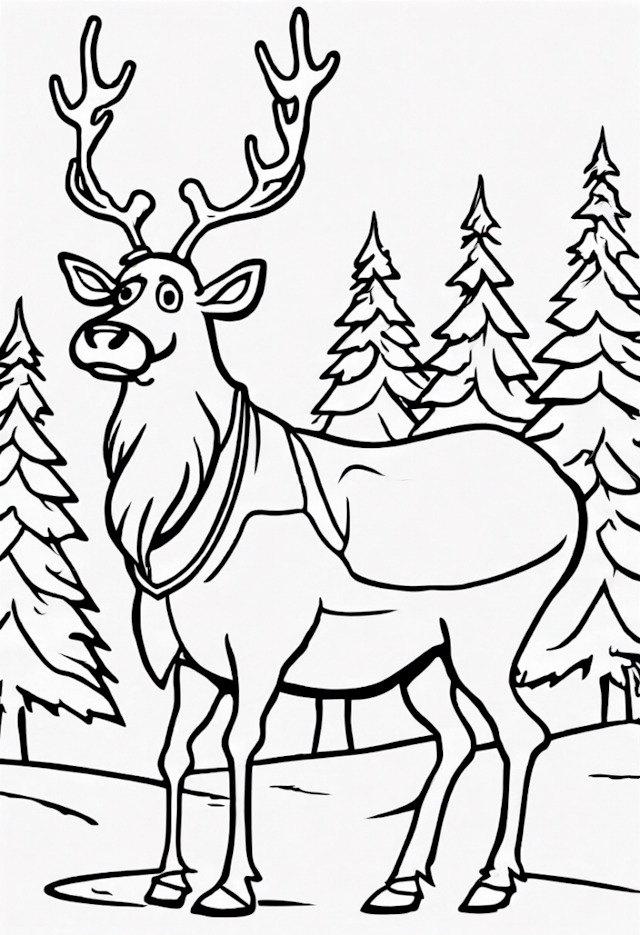A coloring page of Sven the Reindeer in the Winter Forest