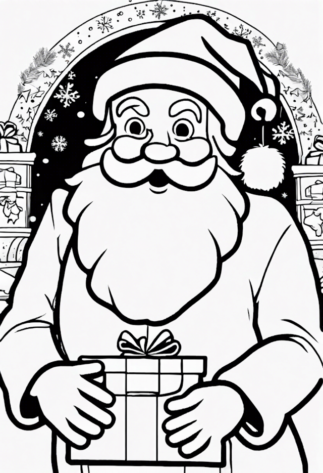 A coloring page of Santa Claus with a Gift