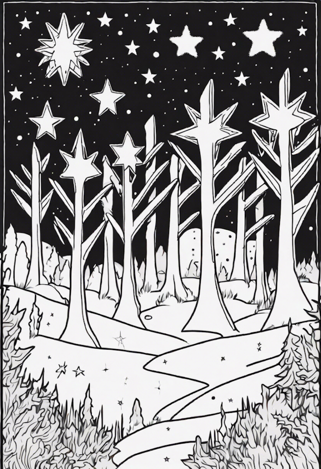 A coloring page of Starry Night in the Enchanted Forest