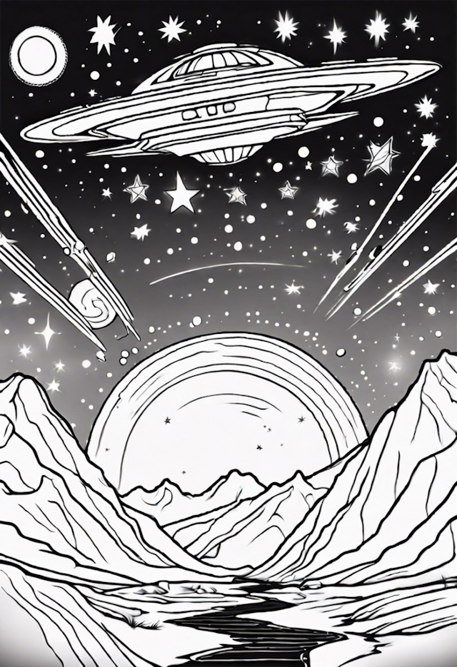 A coloring page of UFO Adventure in a Starry Mountain Landscape