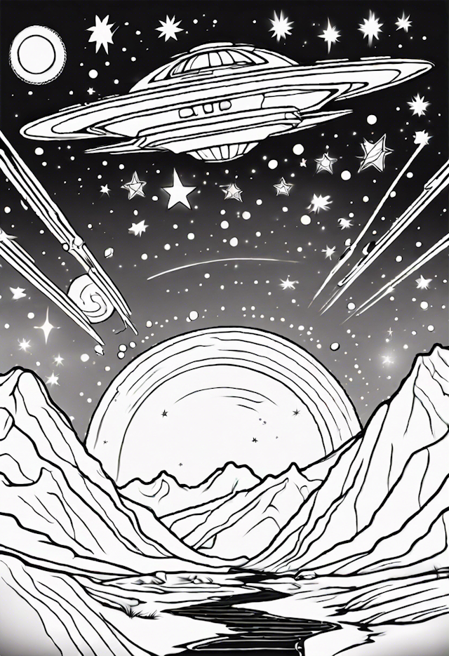 UFO Adventure in a Starry Mountain Landscape