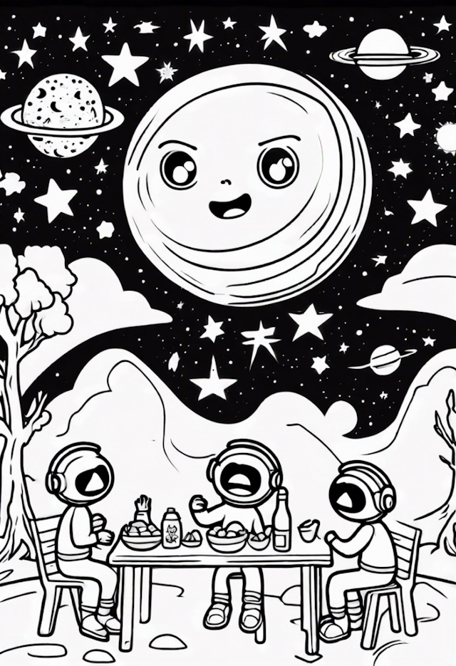 A coloring page of Luna’s Astronaut Picnic Under the Stars