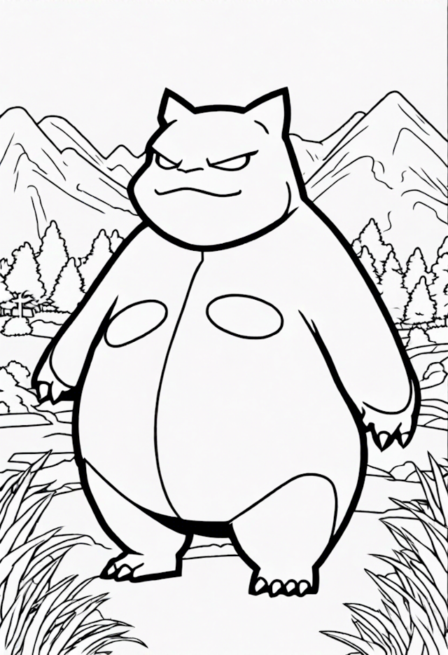 A coloring page of Snorlax in the Mountains Coloring Page