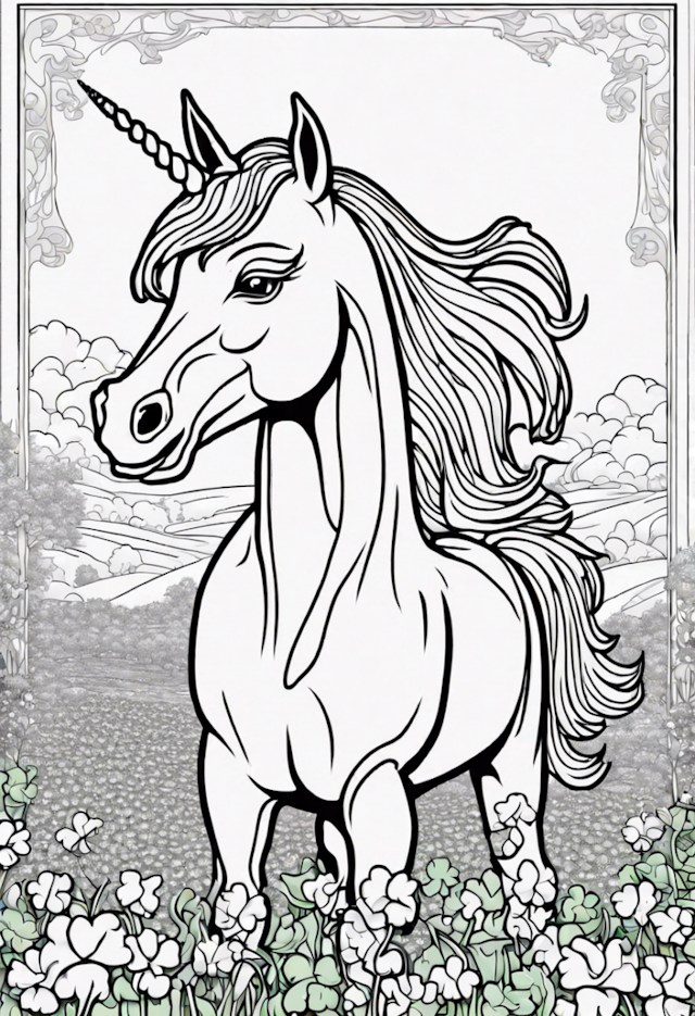 A coloring page of Magical Unicorn in Enchanted Meadow Coloring Page