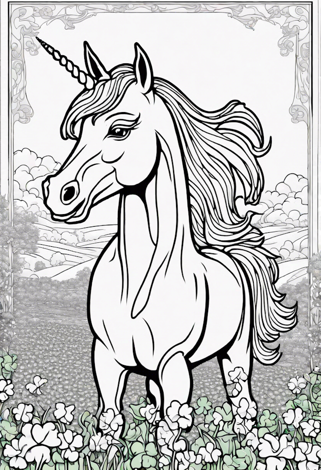 Magical Unicorn in Enchanted Meadow Coloring Page