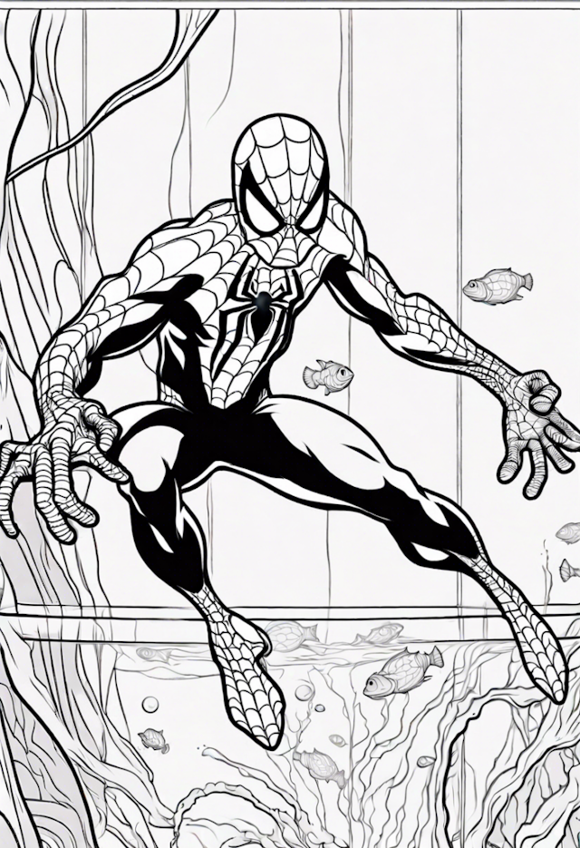 A coloring page of Spider-Man Underwater Adventure Coloring Page