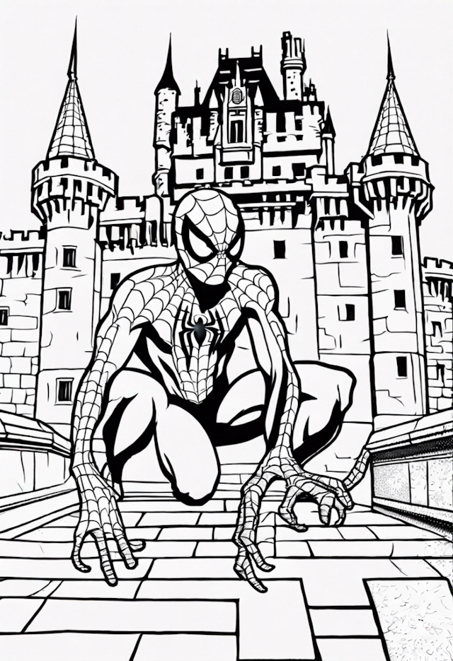 A coloring page of Spiderman in Front of a Castle