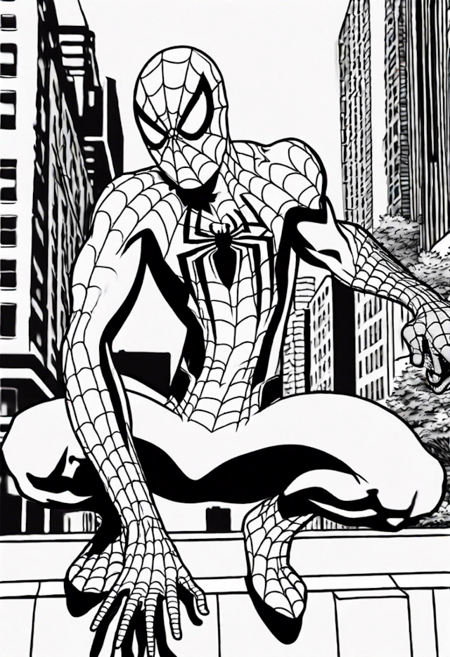 A coloring page of Spider-Man Ready for Action in the City