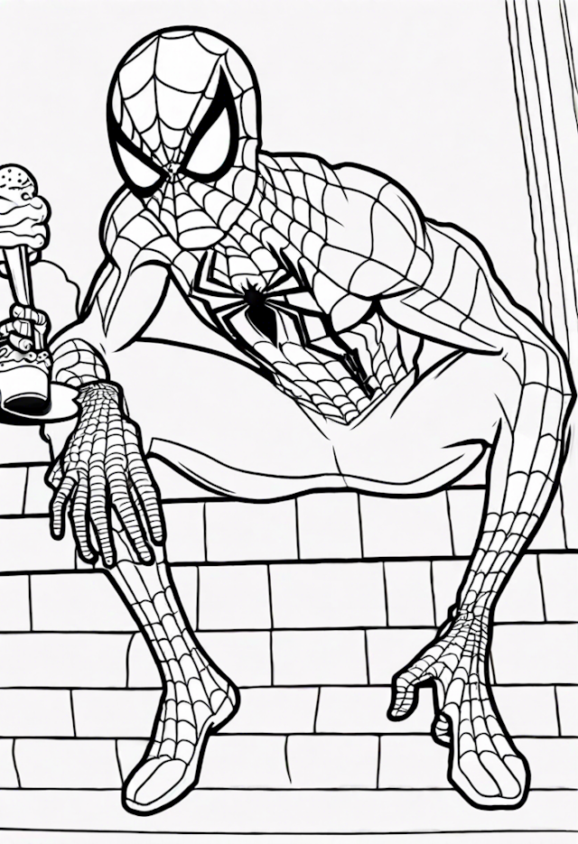 A coloring page of Spider-Man Enjoying Ice Cream on the Rooftop
