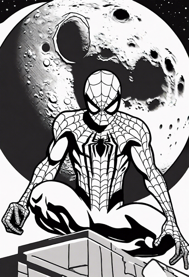 A coloring page of Spider-Man Under the Moonlight