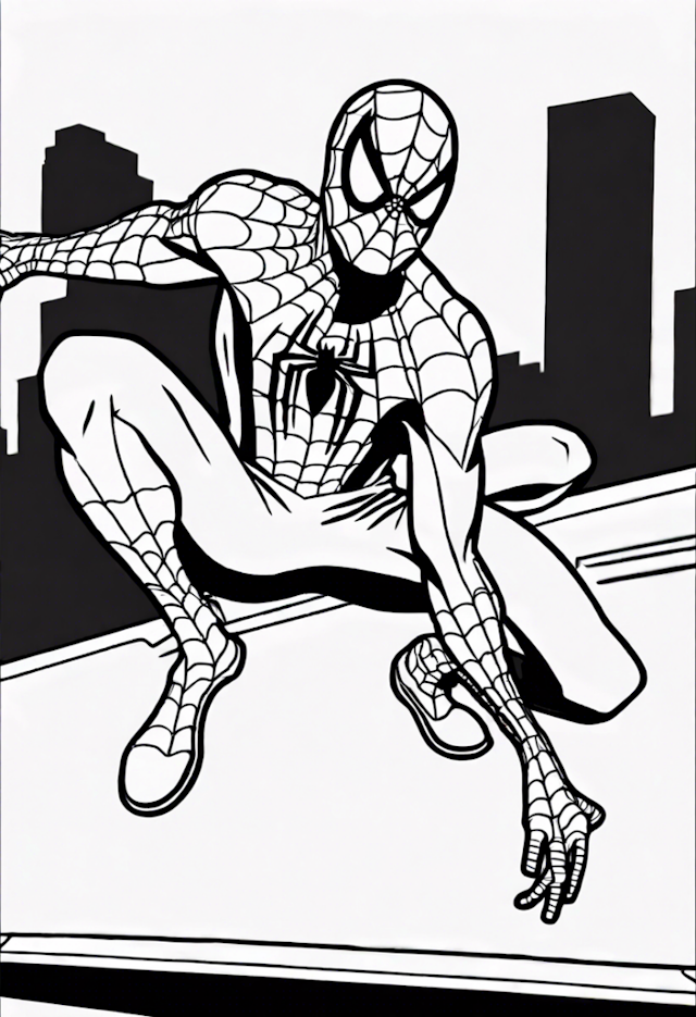 A coloring page of Swinging Through the City: Spider-Man Coloring Page