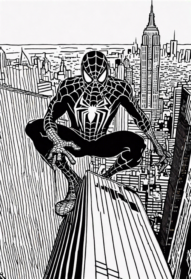 A coloring page of Spider-Man in the City Rooftops
