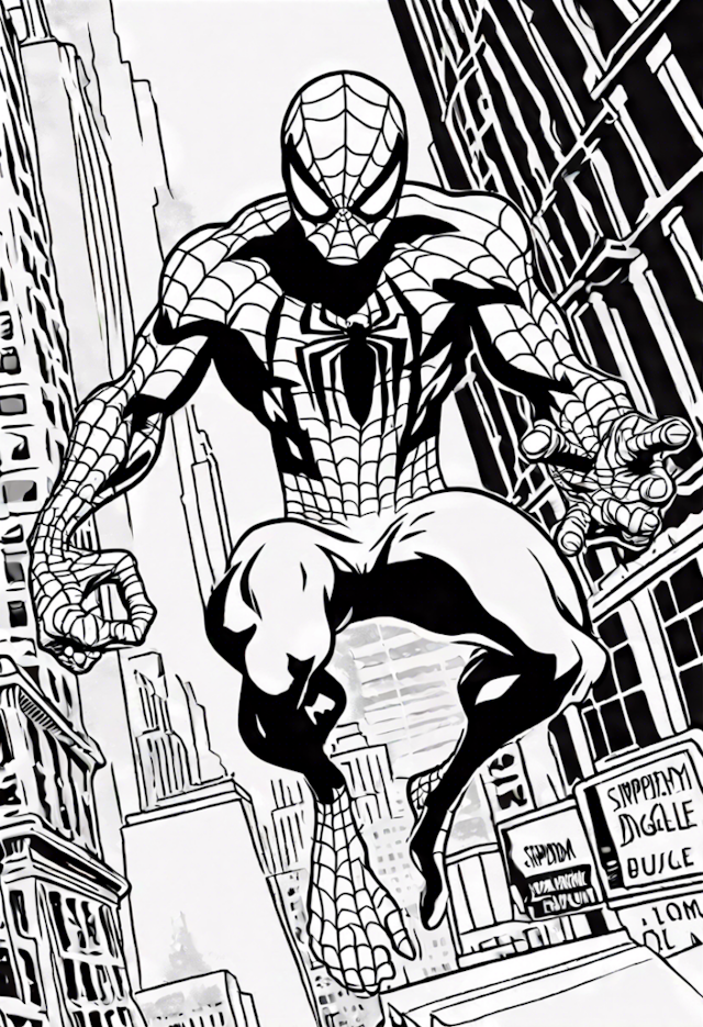 A coloring page of Spider-Man Swinging Through City Streets