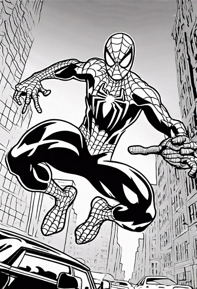 A coloring page of Spider-Man Leaps Through the City
