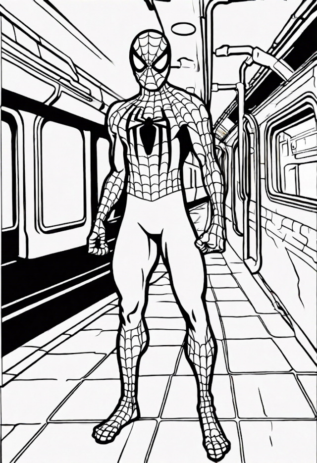 A coloring page of Spider-Man in the Subway Adventure Coloring Page