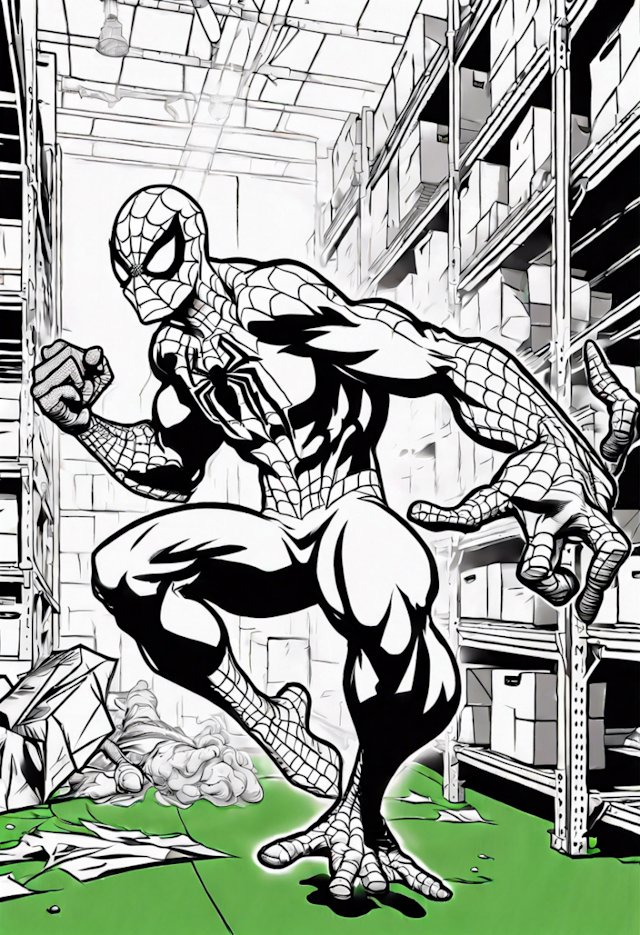 A coloring page of Spider-Man in Action: Warehouse Battle Coloring Page