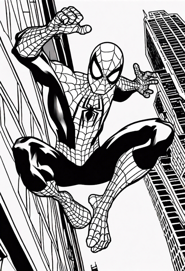 A coloring page of Spider-Man Swinging Through the City