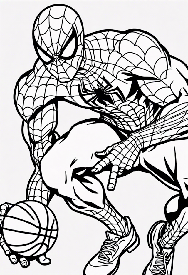 A coloring page of Spider-Man Basketball Action Coloring Page