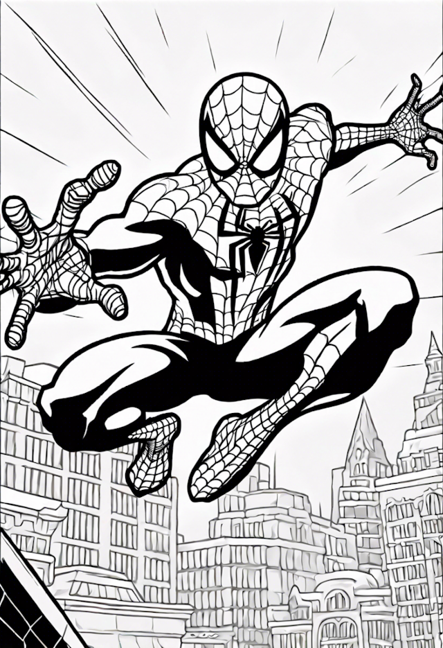 A coloring page of Spider-Man Swings into Action Coloring Page