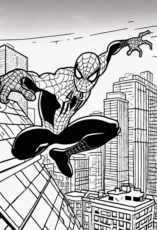 A coloring page of Spider-Man Web-Slinging Over City Rooftops Coloring Page