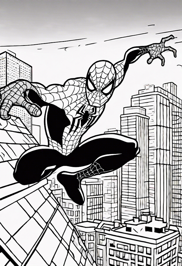 Spider-Man Web-Slinging Over City Rooftops Coloring Page