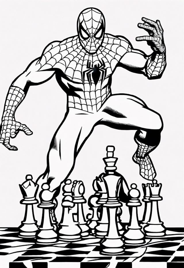 A coloring page of Spider-Man’s Chess Challenge Coloring Page