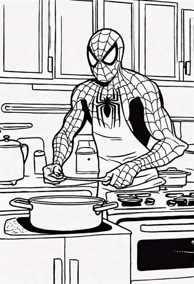A coloring page of Spider-Man Cooking in the Kitchen Coloring Page