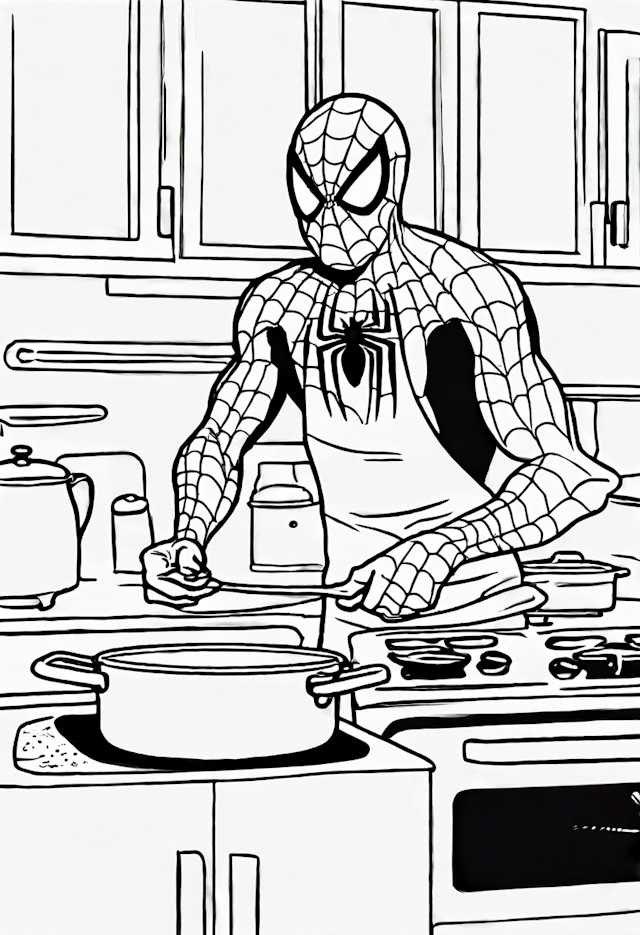 Spider-Man Cooking in the Kitchen Coloring Page
