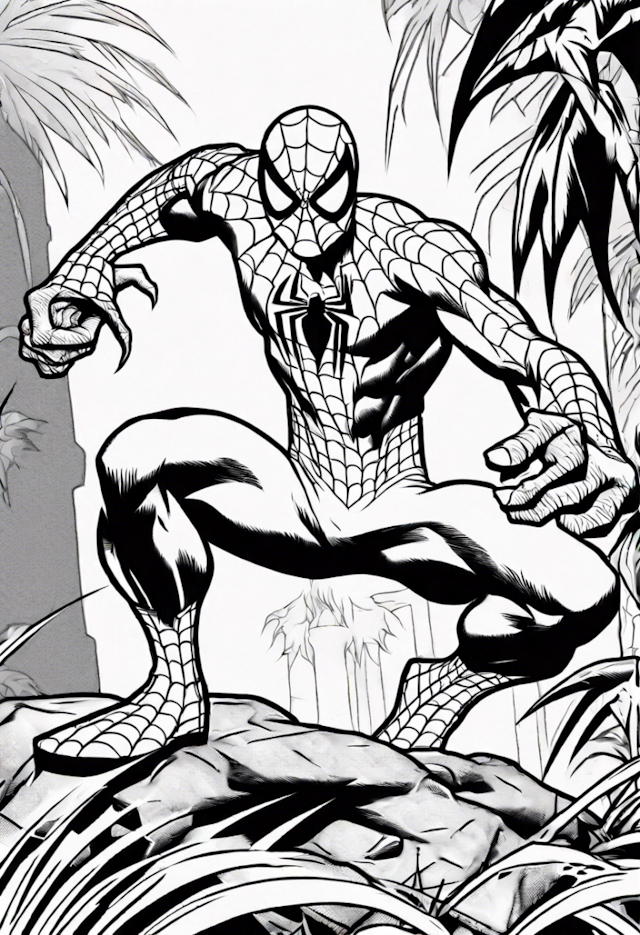 A coloring page of Spider-Man in the Jungle Adventure