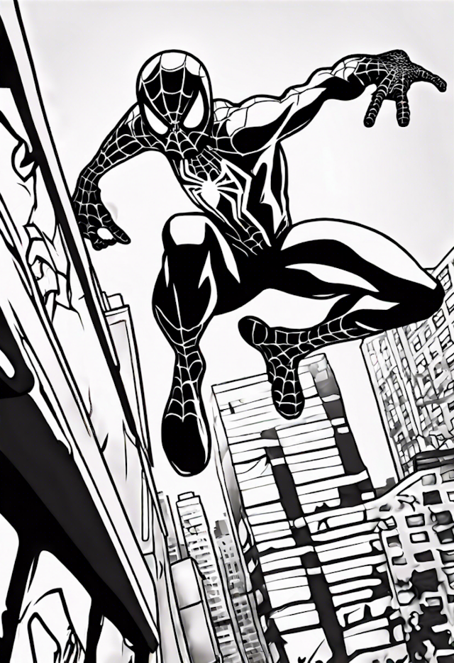 A coloring page of Spider-Man Leaping Through the City