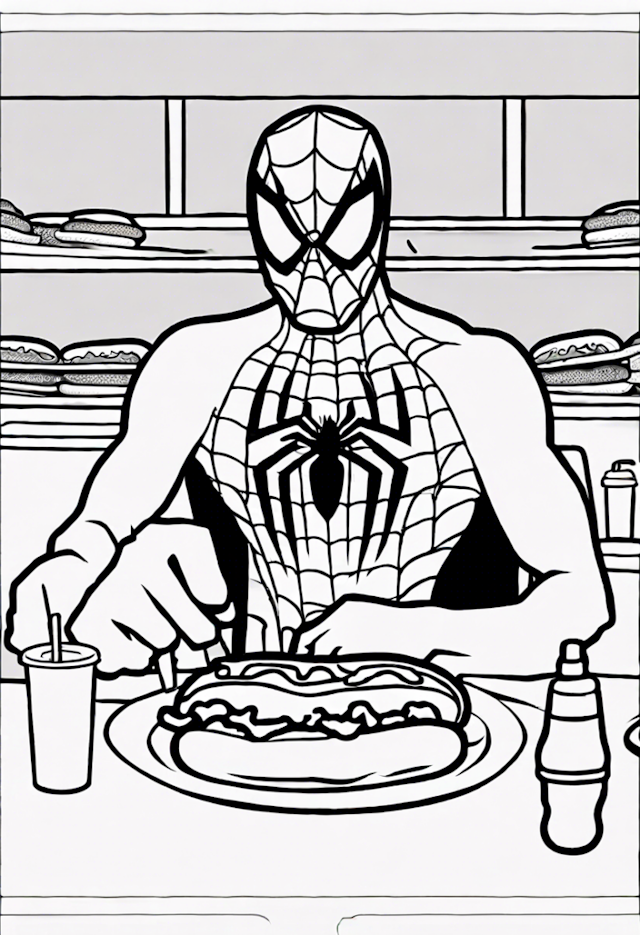 A coloring page of Spider-Man’s Hot Dog Feast