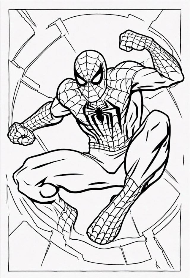 A coloring page of Spiderman’s Dynamic Pose Coloring Page