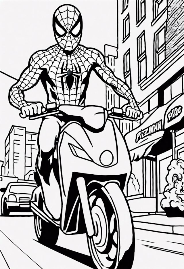A coloring page of Spider-Man on a City Scooter Adventure