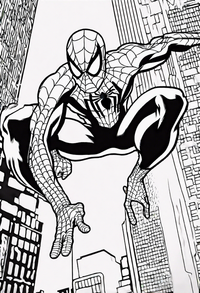 A coloring page of Spider-Man in Action: City Swing Coloring Page