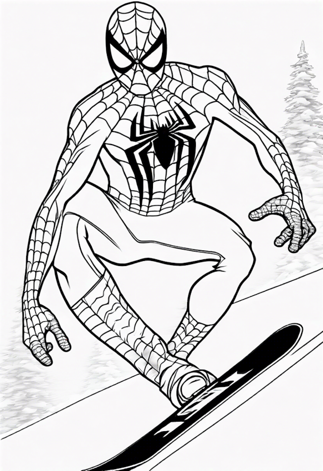 A coloring page of Spiderman Snowboarding Adventure