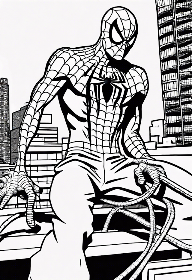 A coloring page of Spider-Man Overlooking the City