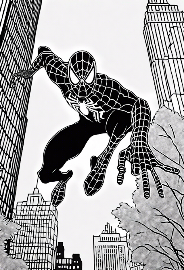 A coloring page of Spider-Man Swings Through the City