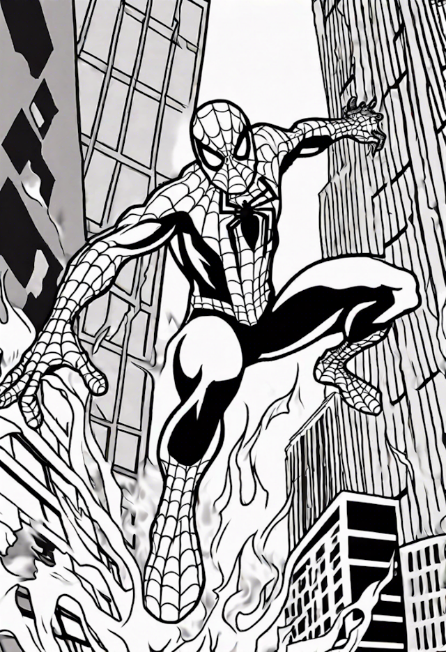 A coloring page of Spider-Man Leaping Through the City