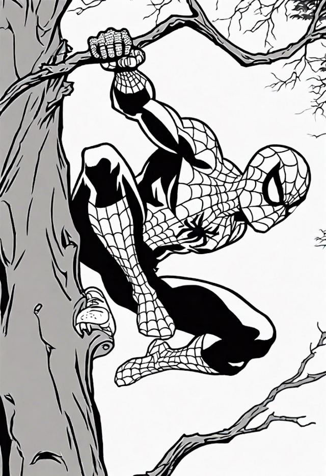 A coloring page of Spider-Man Swinging Through Trees