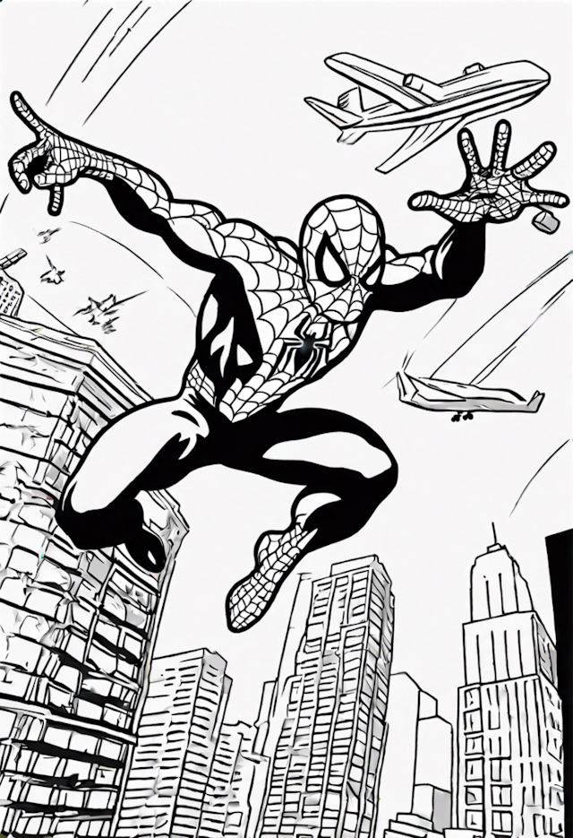 A coloring page of Spider-Man Swings Through the City Skyline